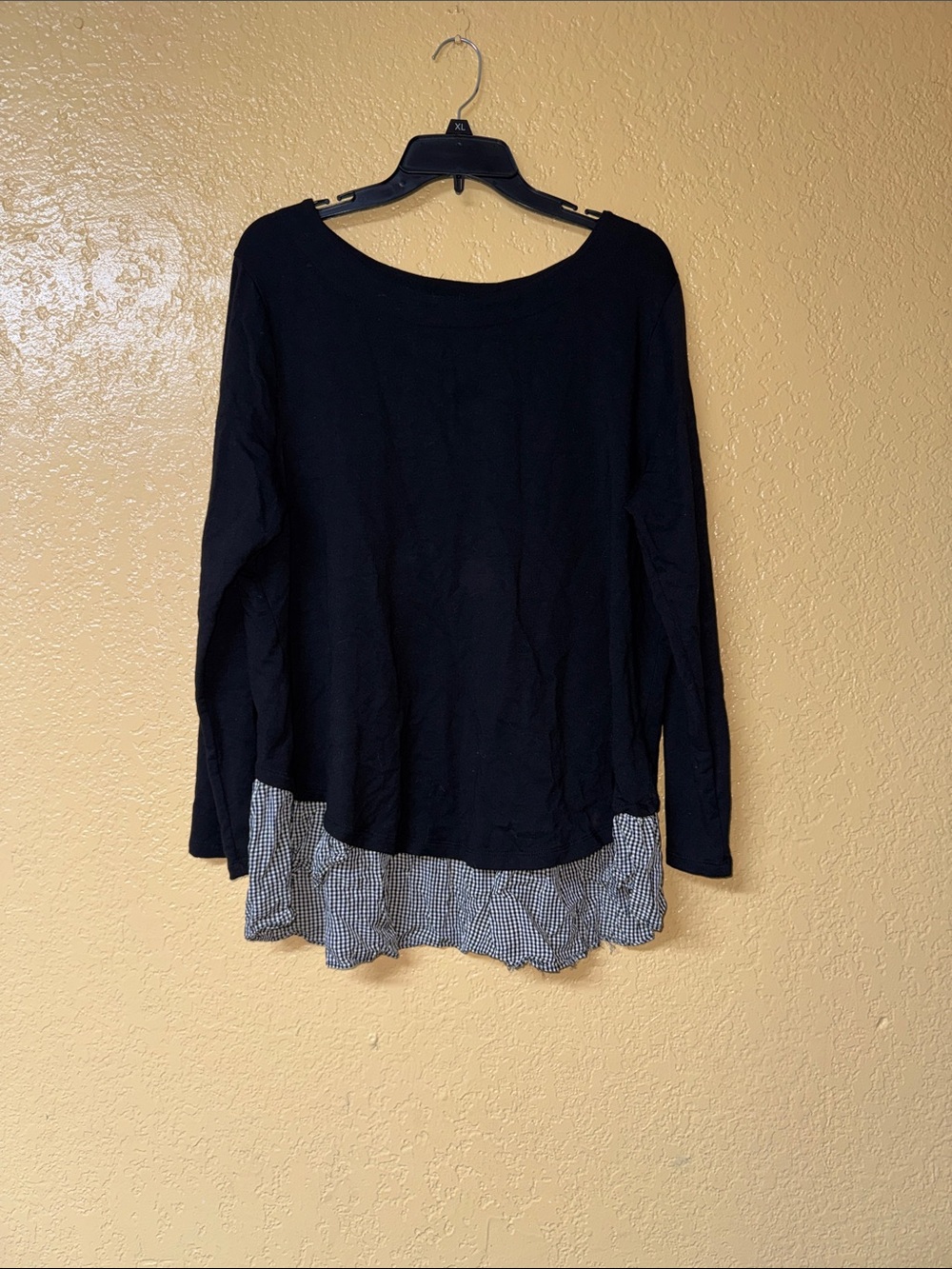 Style & Co. Black Long-Sleeve Top with Gingham Layered Hem